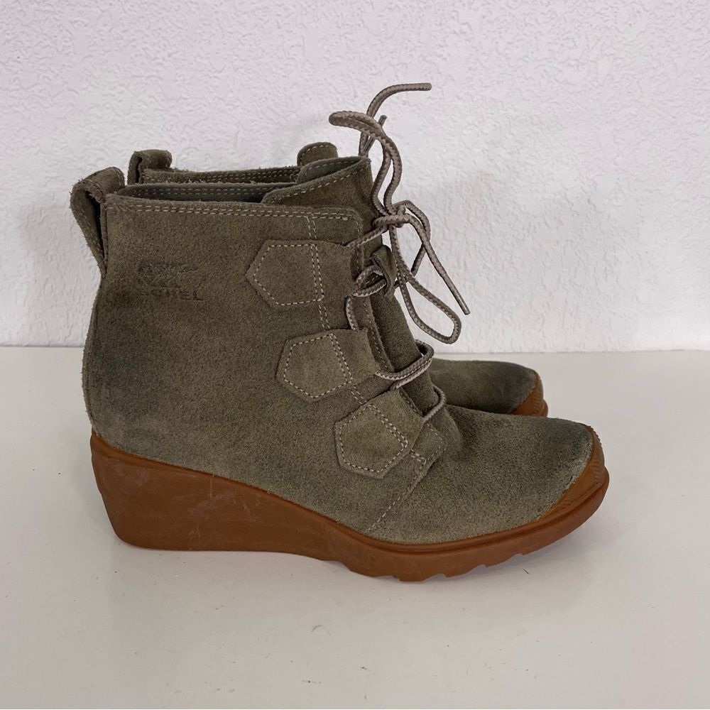Sorel Green Leather Suede Lace Up Wedge Booties Size 6